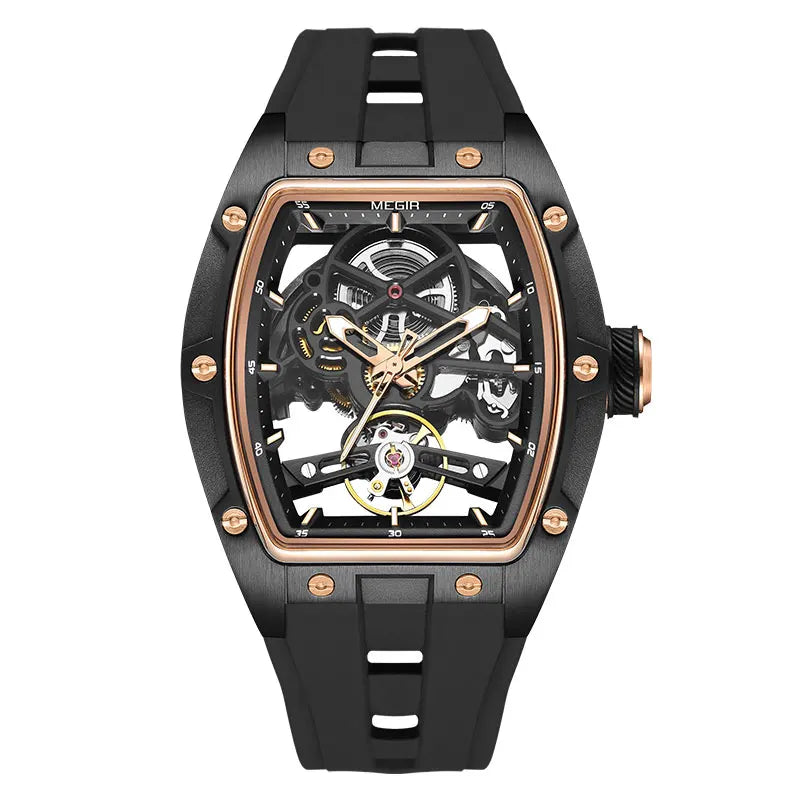 Men Wristwatch Fashion Black Waterproof Automatic Mechanical Watch with Luminous Hands Silicone Strap Tonneau Dial 2242