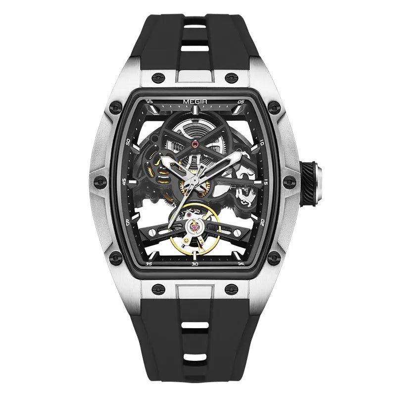 Men Wristwatch Fashion Black Waterproof Automatic Mechanical Watch with Luminous Hands Silicone Strap Tonneau Dial 2242