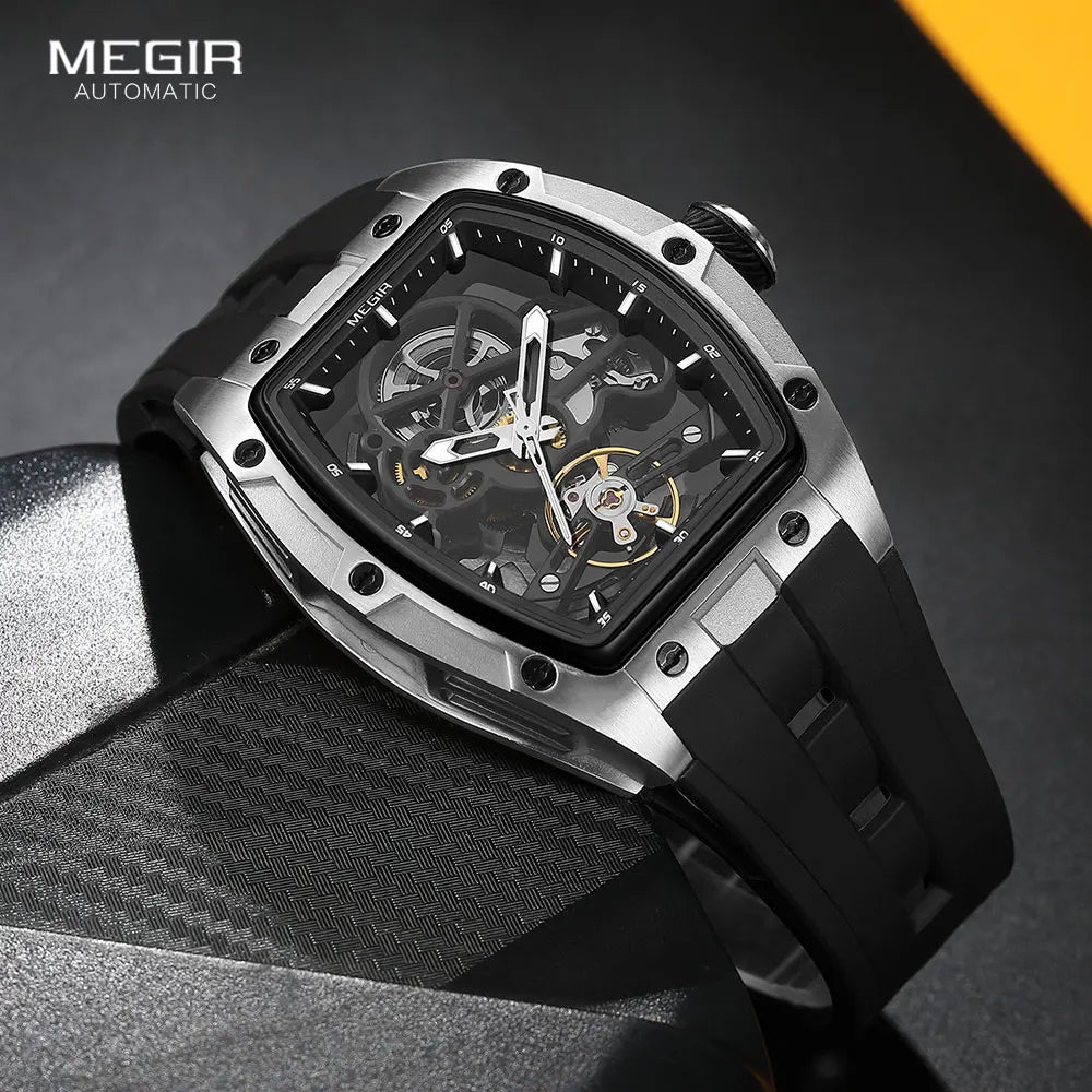 Men Wristwatch Fashion Black Waterproof Automatic Mechanical Watch with Luminous Hands Silicone Strap Tonneau Dial 2242