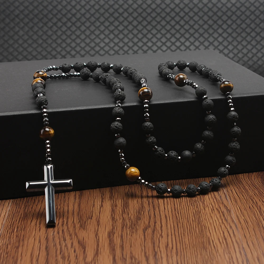 Natural Lava Stone Tiger-Eye Hematite Cross Pendant Necklace Rosary Handmade Jewelry for Men