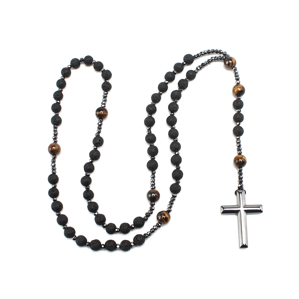 Natural Lava Stone Tiger-Eye Hematite Cross Pendant Necklace Rosary Handmade Jewelry for Men