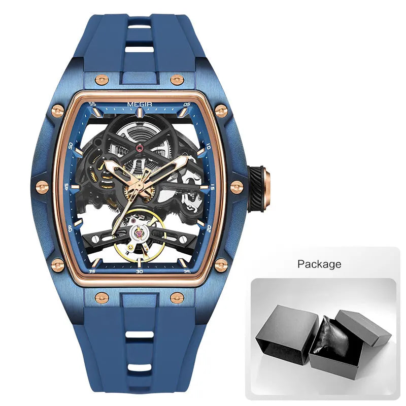 Men Wristwatch Fashion Black Waterproof Automatic Mechanical Watch with Luminous Hands Silicone Strap Tonneau Dial 2242