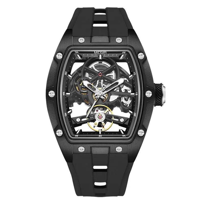 Men Wristwatch Fashion Black Waterproof Automatic Mechanical Watch with Luminous Hands Silicone Strap Tonneau Dial 2242