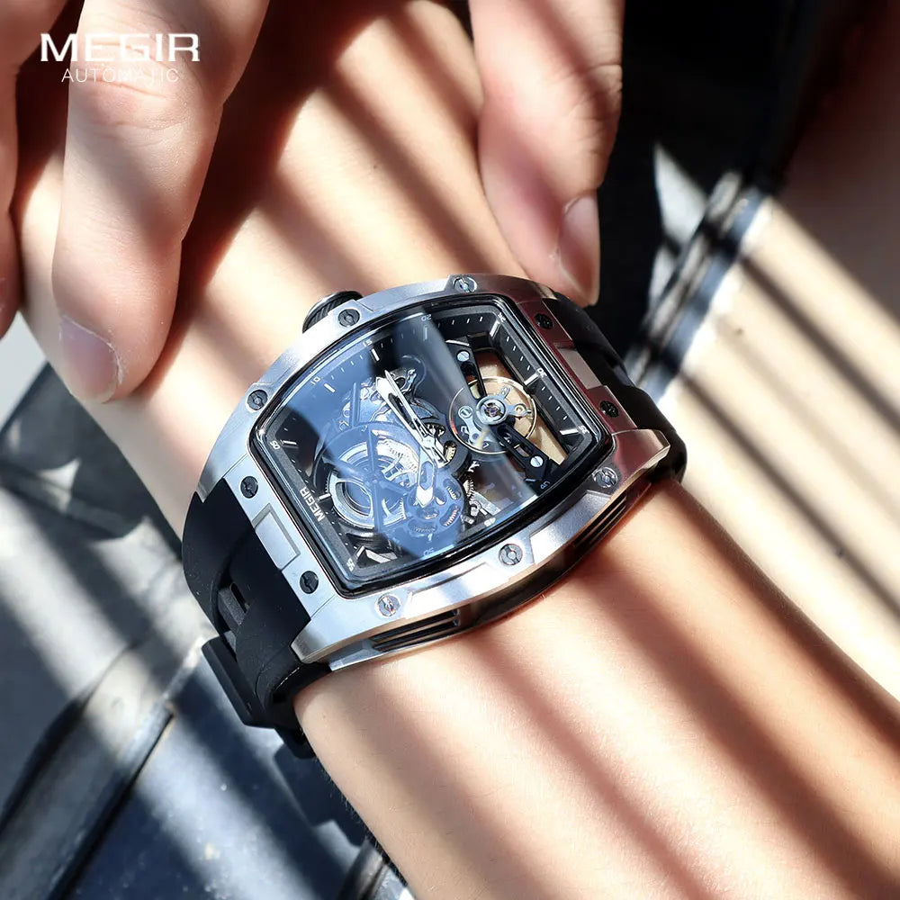 Men Wristwatch Fashion Black Waterproof Automatic Mechanical Watch with Luminous Hands Silicone Strap Tonneau Dial 2242