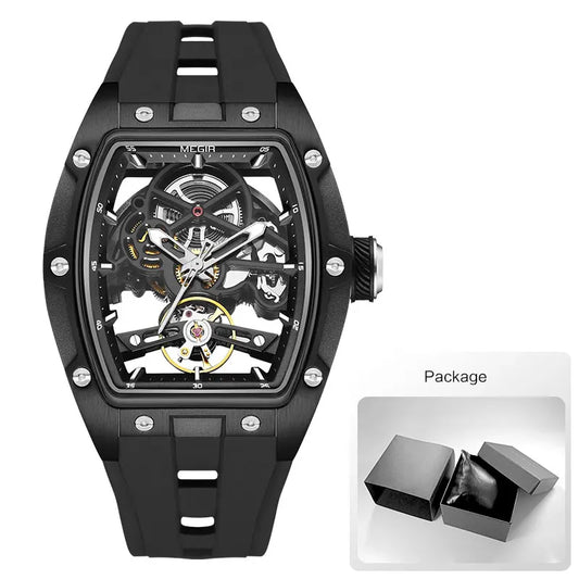 Men Wristwatch Fashion Black Waterproof Automatic Mechanical Watch with Luminous Hands Silicone Strap Tonneau Dial 2242