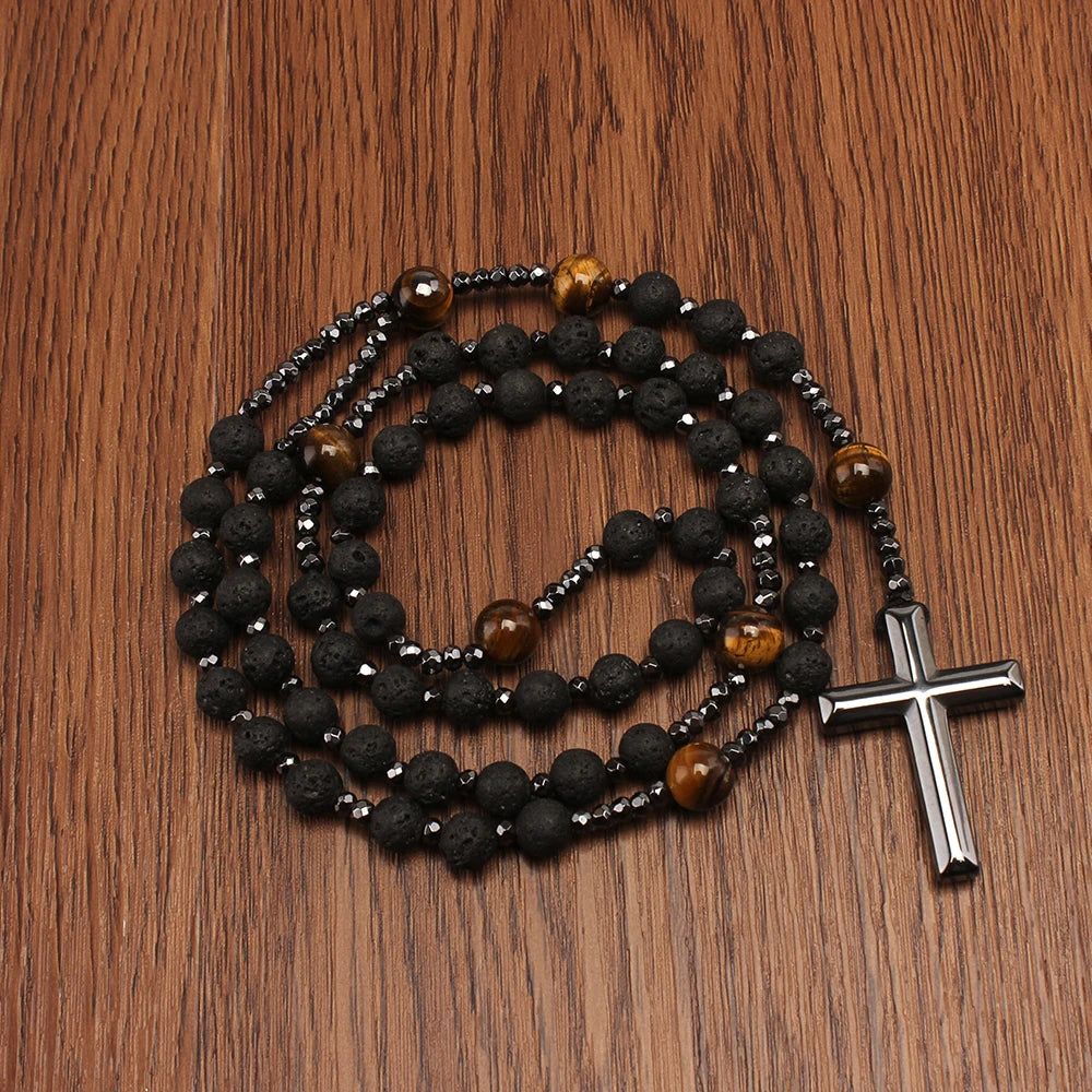 Natural Lava Stone Tiger-Eye Hematite Cross Pendant Necklace Rosary Handmade Jewelry for Men