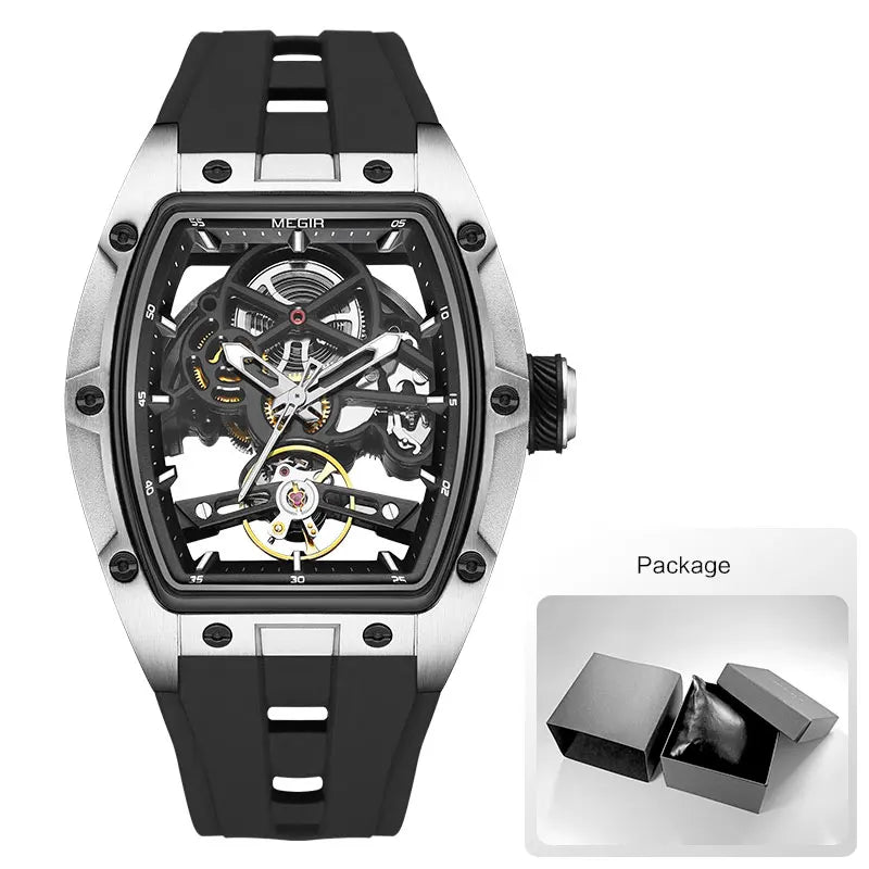 Men Wristwatch Fashion Black Waterproof Automatic Mechanical Watch with Luminous Hands Silicone Strap Tonneau Dial 2242