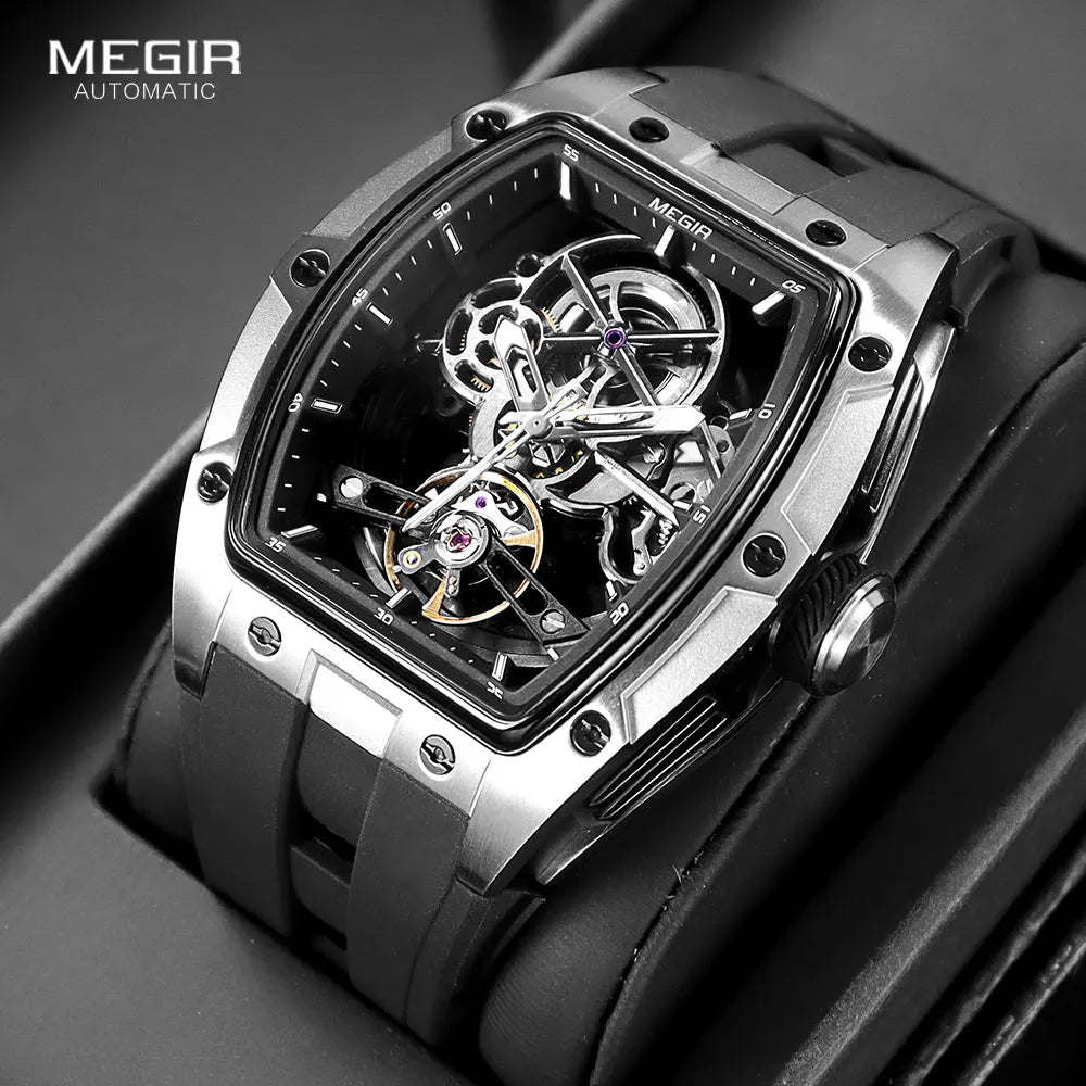 Men Wristwatch Fashion Black Waterproof Automatic Mechanical Watch with Luminous Hands Silicone Strap Tonneau Dial 2242