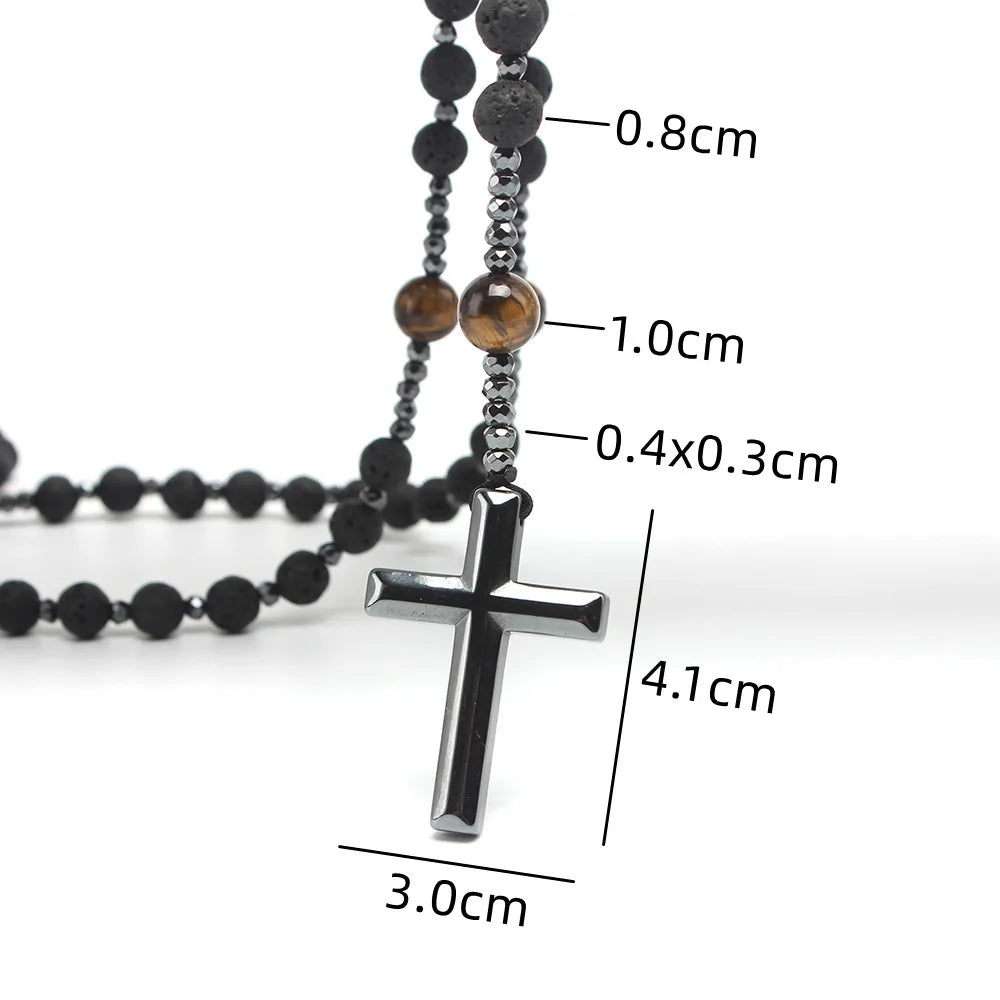 Natural Lava Stone Tiger-Eye Hematite Cross Pendant Necklace Rosary Handmade Jewelry for Men