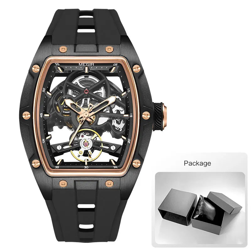 Men Wristwatch Fashion Black Waterproof Automatic Mechanical Watch with Luminous Hands Silicone Strap Tonneau Dial 2242