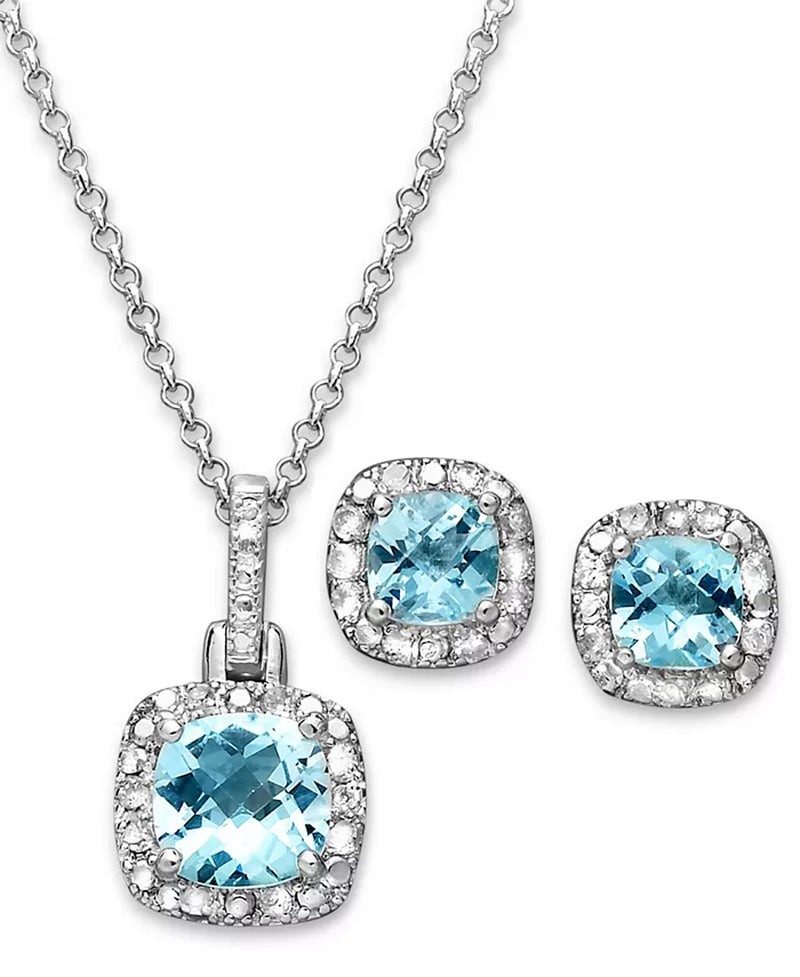 Blue Topaz (3-1/10 Ct. T.W.) & Diamond Accent Sterling Silver 18" Pendant Necklace and Stud Earrings Set