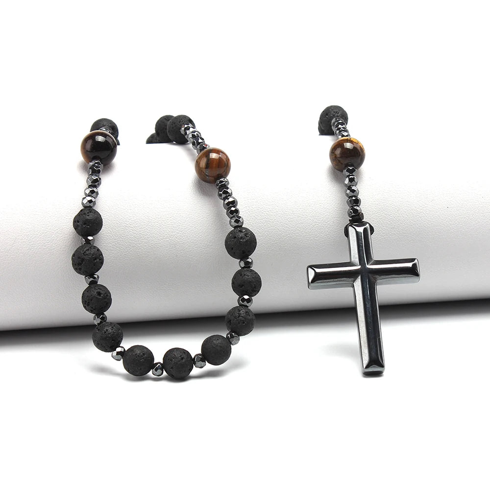 Natural Lava Stone Tiger-Eye Hematite Cross Pendant Necklace Rosary Handmade Jewelry for Men